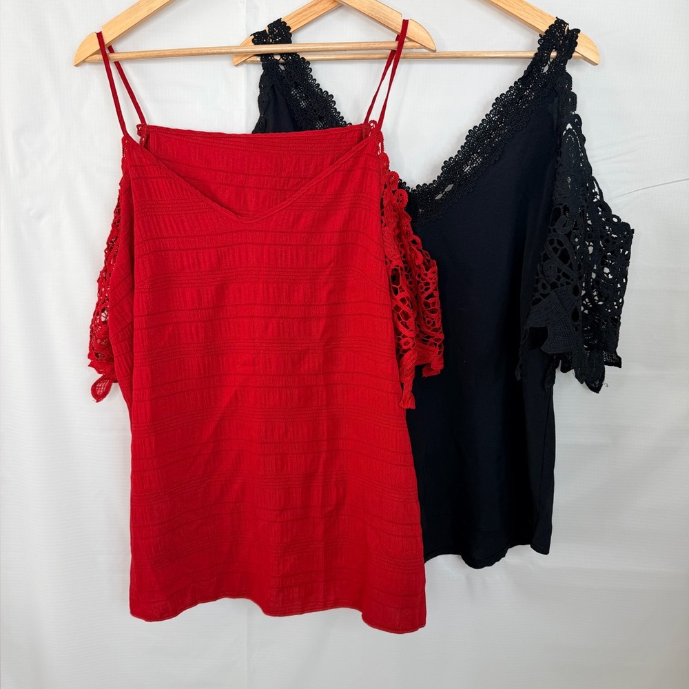 Lot of‎ 2 SHEIN Curve 1XL Lace Cold Shoulder Tops Black Red Boho Blouse